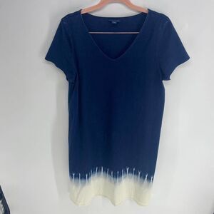 J. Jill 100% Cotton Chambray Ikat Dyed Ombre V Neck Shift Dress Womens Small